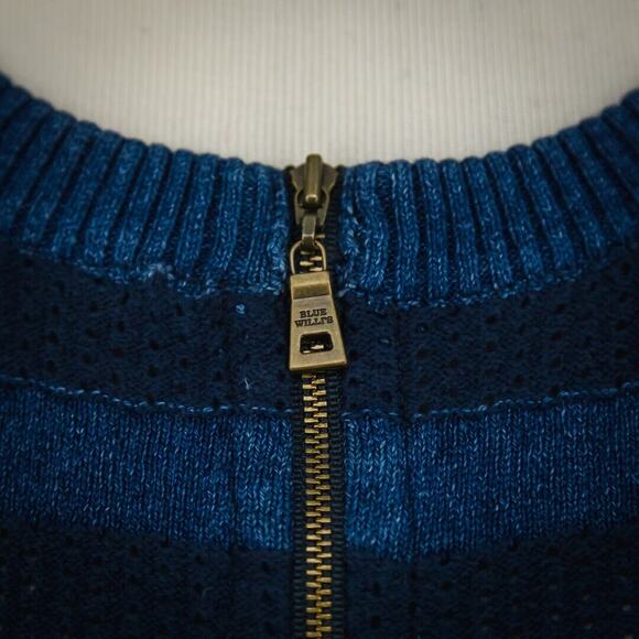 Blue Willi's Size Large L Blue Stripe Perforated Knit Zip Crew Cardigan Sweater - Picture 2 of 8